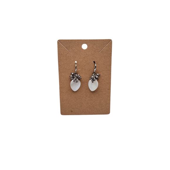 Frosted Moon Glow Glass Bead Drop Silver Tone Cluster Vintage Earrings - Picture 2 of 4